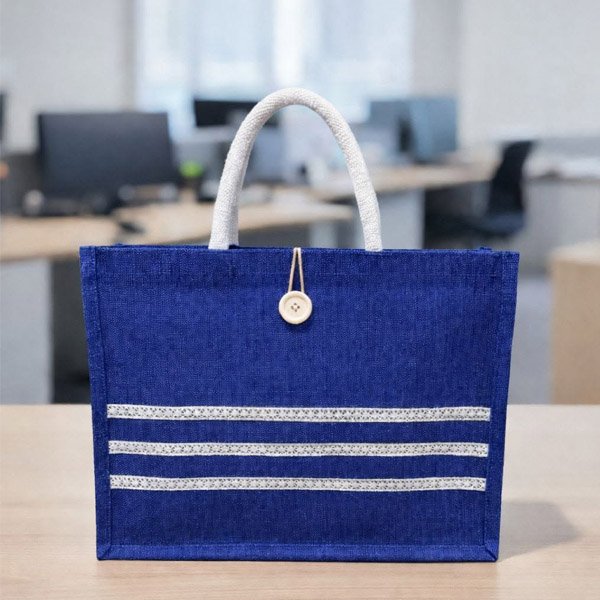 Premium Jute Bag- Blue Button Stripe