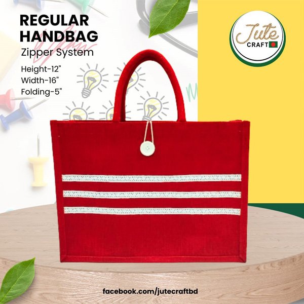Jute Regular Handbag Red White Stripe Button